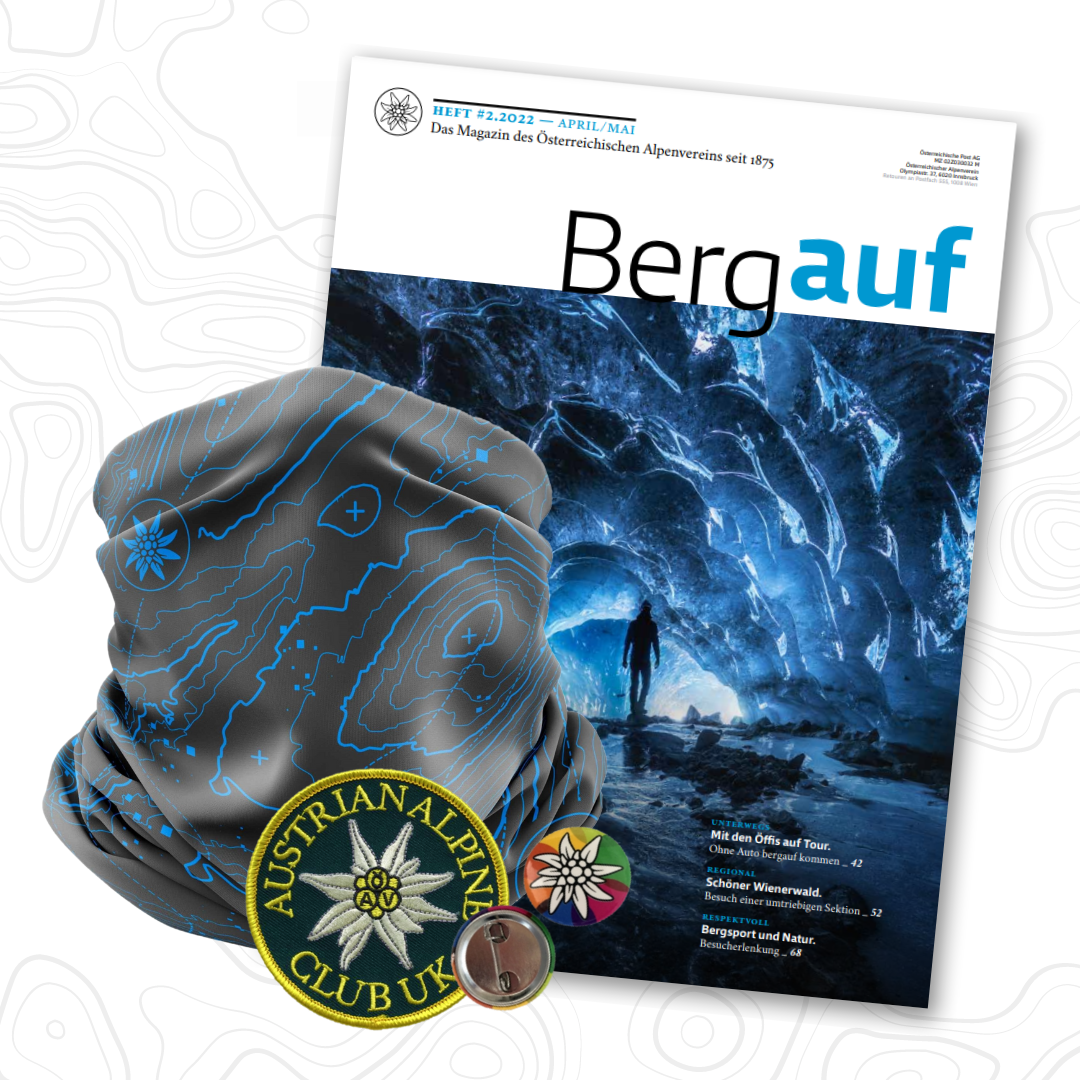 Cover photo of merchandise available in shop inlcuding maps, Bergauf magazine, Buff, etc.